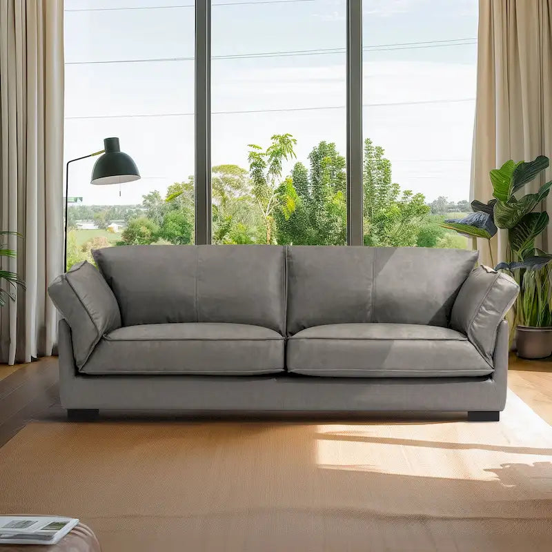 Sofá de piel auténtica de 89.76 pulgadas estilo Mid-Century Modern, sofá de 3 plazas para sala de estar, dormitorio, oficina - Grafito