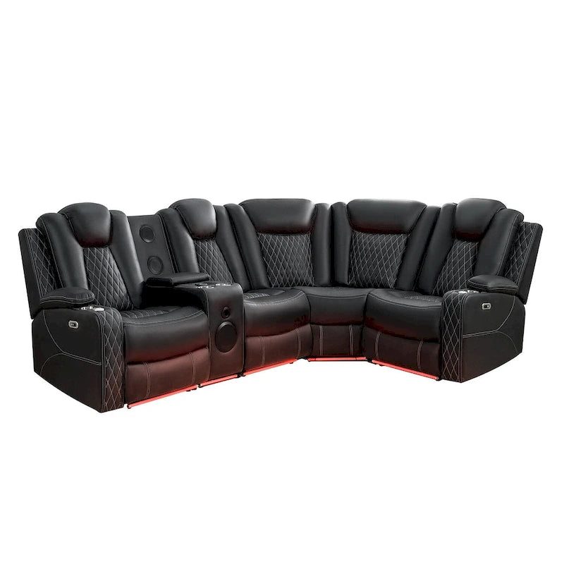 Sofá esquinero reclinable de lujo de 5 y 6 plazas con LED, USB, carga inalámbrica, Bluetooth y almacenamiento