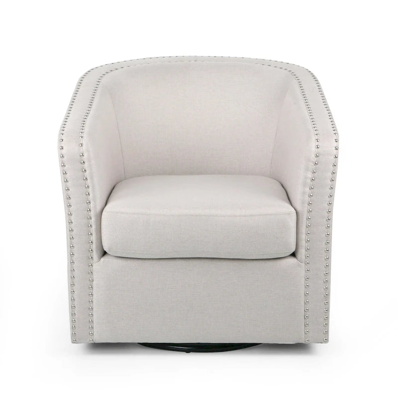 Sillón giratorio, estilo clásico de barril redondo, tela color beige trigo