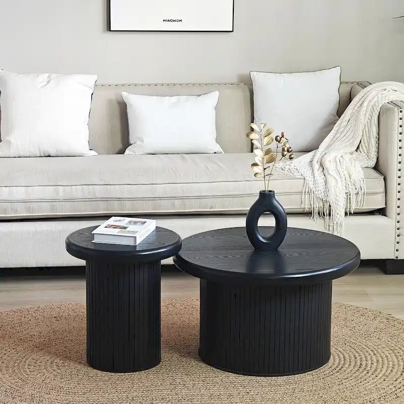 Mesa de centro redonda moderna, mesa doble con patas estriadas, para sala de estar