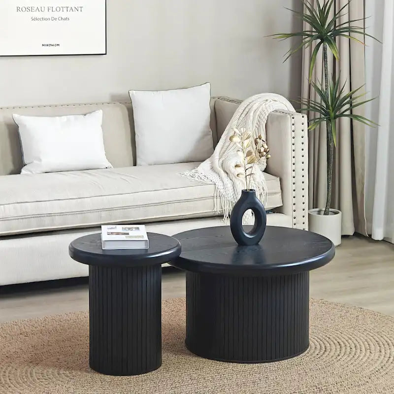 Mesa de centro redonda moderna, mesa doble con patas estriadas, para sala de estar