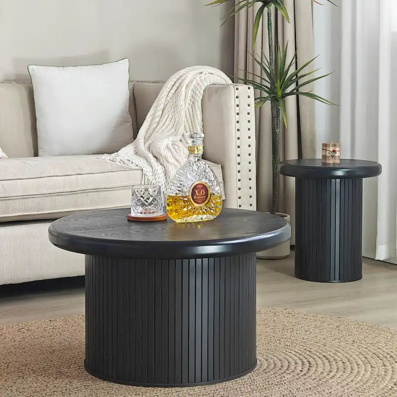 Mesa de centro redonda moderna, mesa doble con patas estriadas, para sala de estar
