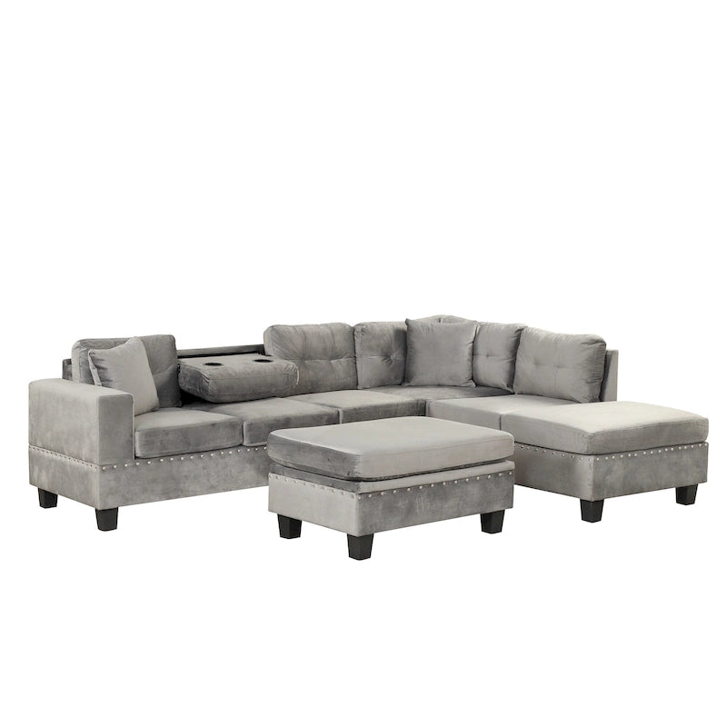 Sofá seccional moderno en L con otomana de almacenamiento, chaise reversible, dos almohadas y portavasos