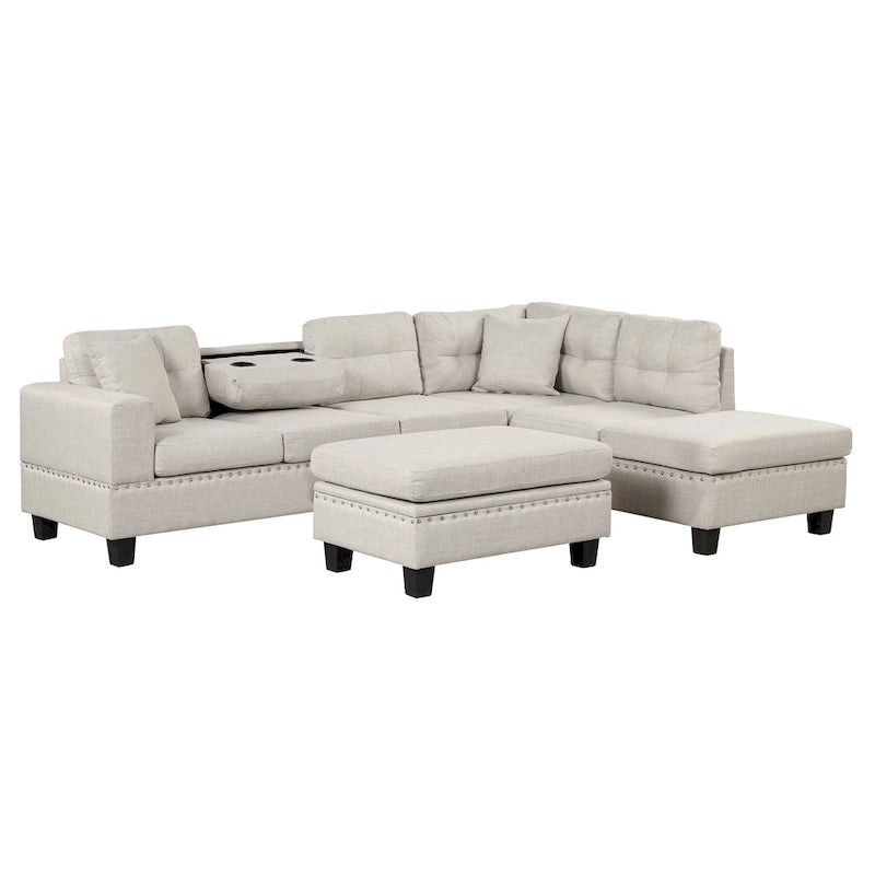 Sofá seccional moderno en L con otomana de almacenamiento, chaise reversible, dos almohadas y portavasos