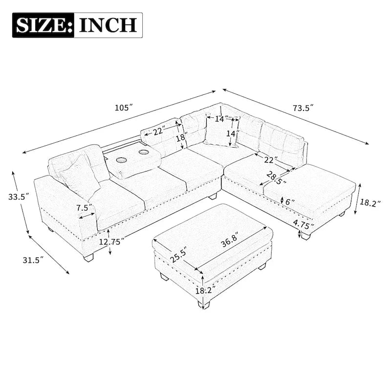 Sofá seccional moderno en L con otomana de almacenamiento, chaise reversible, dos almohadas y portavasos