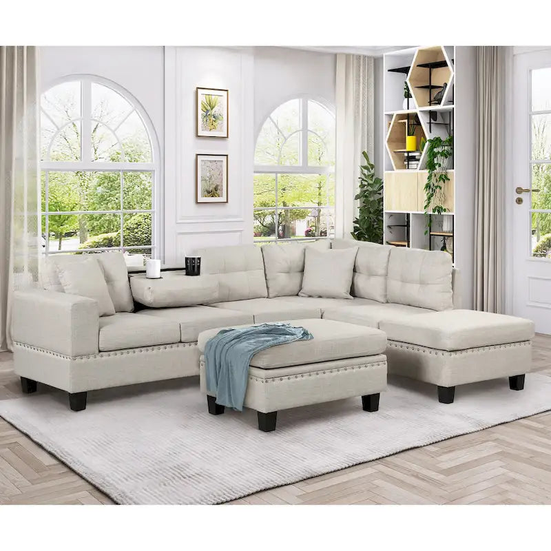 Sofá seccional moderno en L con otomana de almacenamiento, chaise reversible, dos almohadas y portavasos