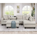 Sofá seccional moderno en L con otomana de almacenamiento, chaise reversible, dos almohadas y portavasos
