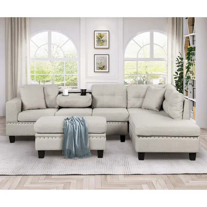 Sofá seccional moderno en L con otomana de almacenamiento, chaise reversible, dos almohadas y portavasos
