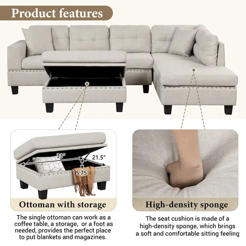 Sofá seccional moderno en L con otomana de almacenamiento, chaise reversible, dos almohadas y portavasos