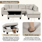 Sofá seccional moderno en L con otomana de almacenamiento, chaise reversible, dos almohadas y portavasos