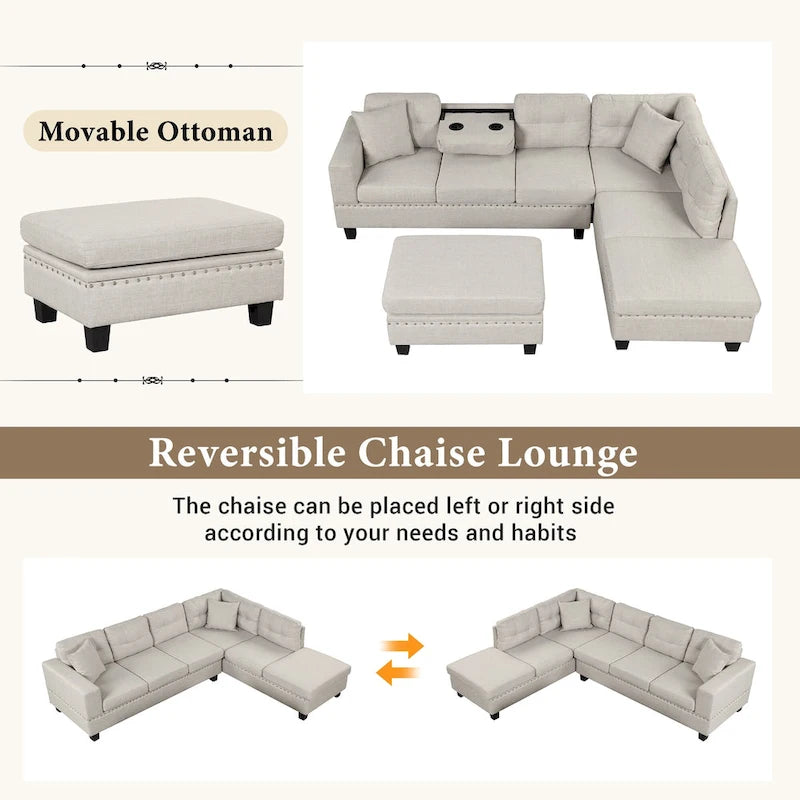 Sofá seccional moderno en L con otomana de almacenamiento, chaise reversible, dos almohadas y portavasos