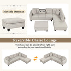 Sofá seccional moderno en L con otomana de almacenamiento, chaise reversible, dos almohadas y portavasos