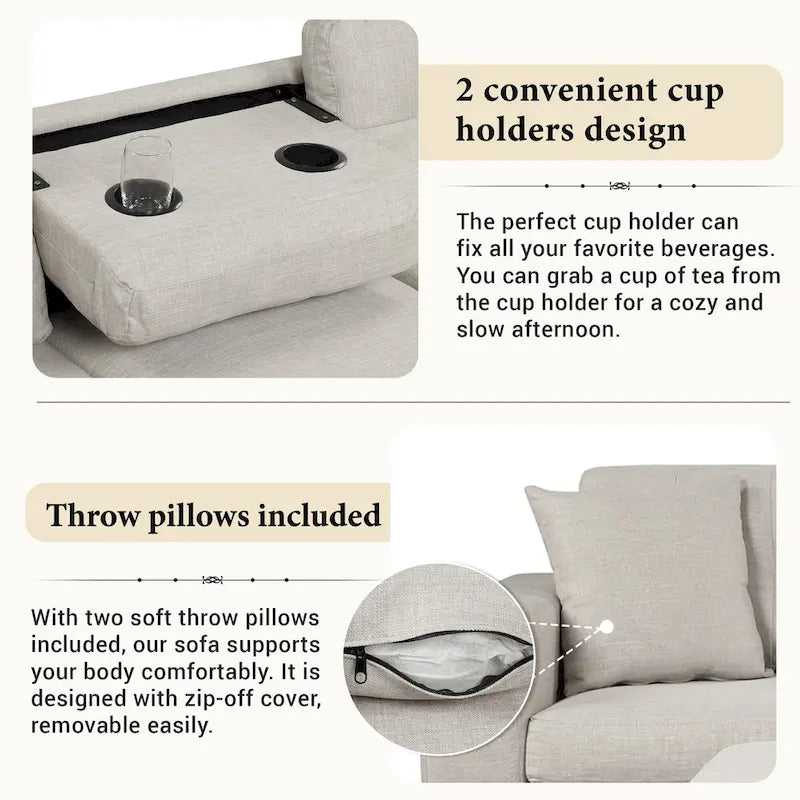 Sofá seccional moderno en L con otomana de almacenamiento, chaise reversible, dos almohadas y portavasos