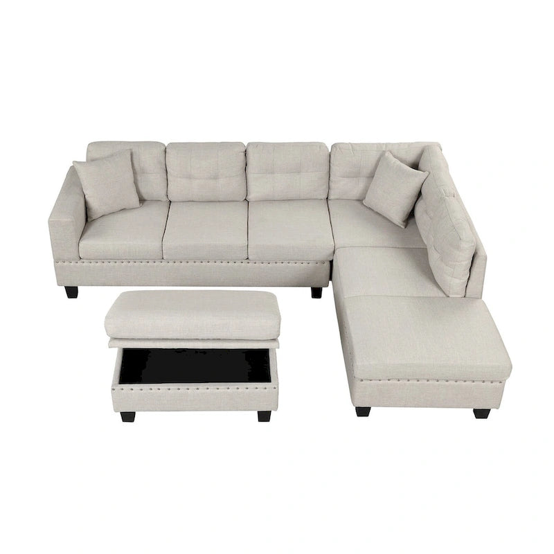 Sofá seccional moderno en L con otomana de almacenamiento, chaise reversible, dos almohadas y portavasos