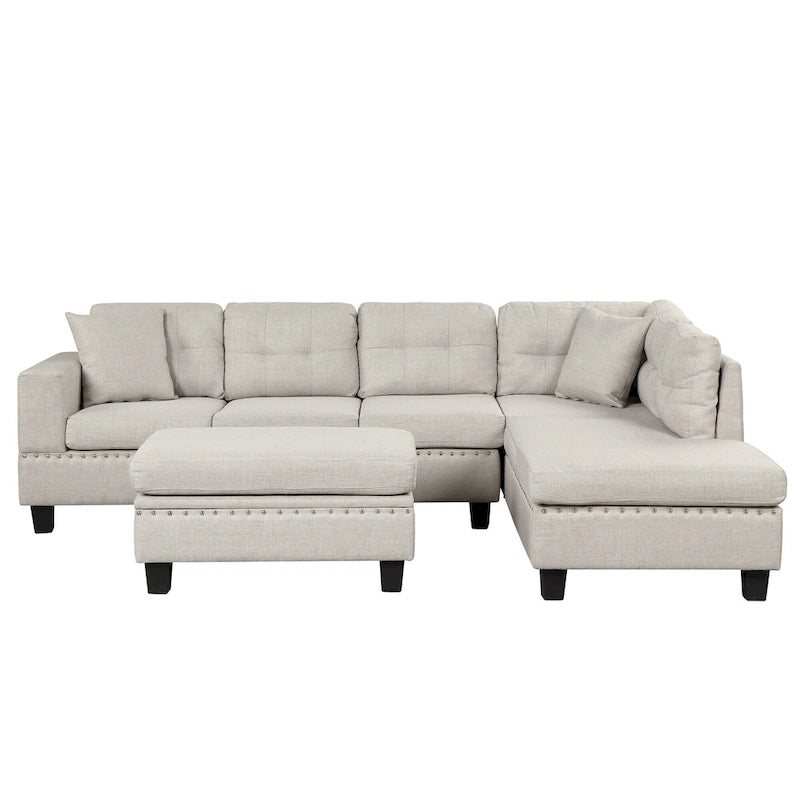 Sofá seccional moderno en L con otomana de almacenamiento, chaise reversible, dos almohadas y portavasos
