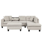 Sofá seccional moderno en L con otomana de almacenamiento, chaise reversible, dos almohadas y portavasos