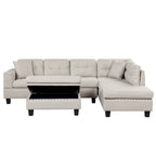Sofá seccional moderno en L con otomana de almacenamiento, chaise reversible, dos almohadas y portavasos