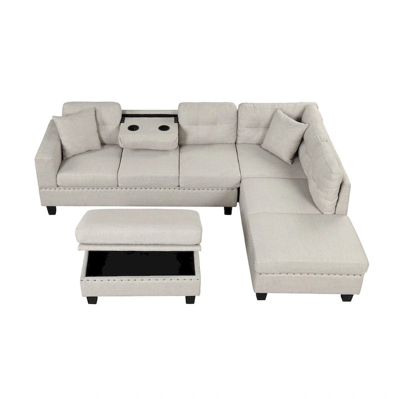 Sofá seccional moderno en L con otomana de almacenamiento, chaise reversible, dos almohadas y portavasos