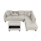 Sofá seccional moderno en L con otomana de almacenamiento, chaise reversible, dos almohadas y portavasos