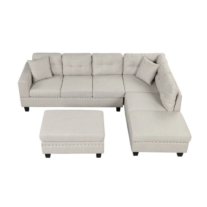 Sofá seccional moderno en L con otomana de almacenamiento, chaise reversible, dos almohadas y portavasos