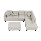 Sofá seccional moderno en L con otomana de almacenamiento, chaise reversible, dos almohadas y portavasos