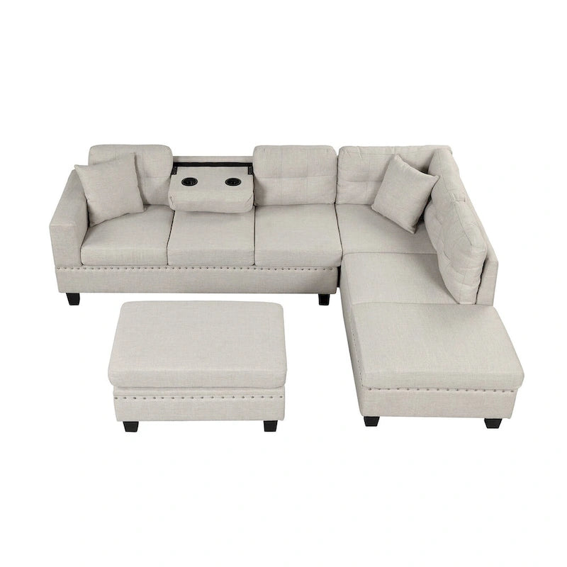 Sofá seccional moderno en L con otomana de almacenamiento, chaise reversible, dos almohadas y portavasos