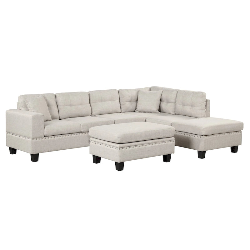 Sofá seccional moderno en L con otomana de almacenamiento, chaise reversible, dos almohadas y portavasos