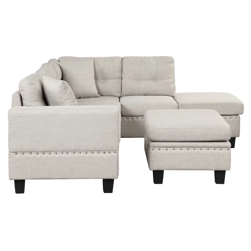 Sofá seccional moderno en L con otomana de almacenamiento, chaise reversible, dos almohadas y portavasos