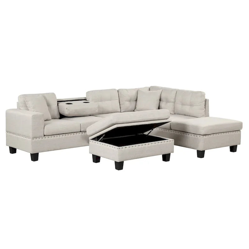 Sofá seccional moderno en L con otomana de almacenamiento, chaise reversible, dos almohadas y portavasos