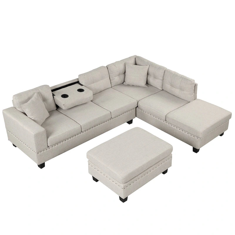 Sofá seccional moderno en L con otomana de almacenamiento, chaise reversible, dos almohadas y portavasos