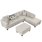Sofá seccional moderno en L con otomana de almacenamiento, chaise reversible, dos almohadas y portavasos