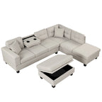 Sofá seccional moderno en L con otomana de almacenamiento, chaise reversible, dos almohadas y portavasos