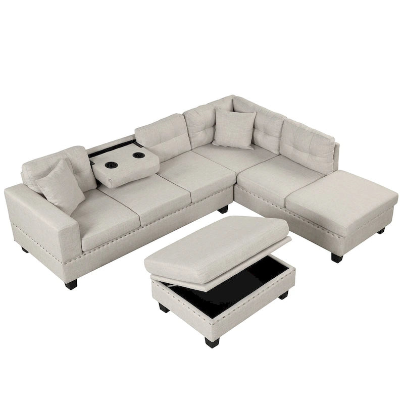Sofá seccional moderno en L con otomana de almacenamiento, chaise reversible, dos almohadas y portavasos