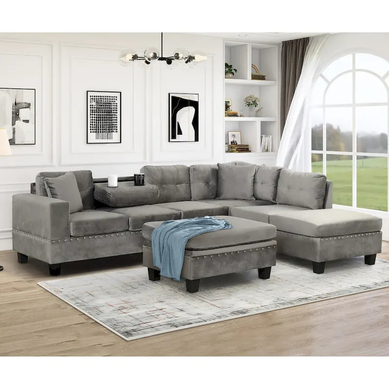 Sofá seccional moderno en L con otomana de almacenamiento, chaise reversible, dos almohadas y portavasos