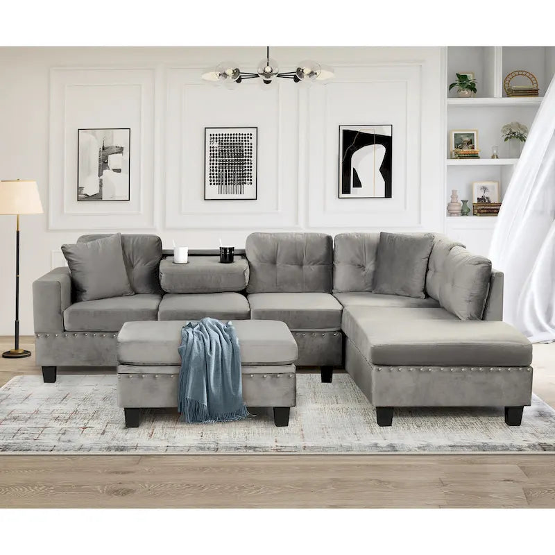 Sofá seccional moderno en L con otomana de almacenamiento, chaise reversible, dos almohadas y portavasos