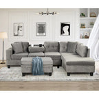 Sofá seccional moderno en L con otomana de almacenamiento, chaise reversible, dos almohadas y portavasos