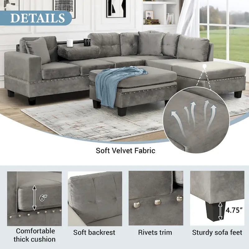 Sofá seccional moderno en L con otomana de almacenamiento, chaise reversible, dos almohadas y portavasos