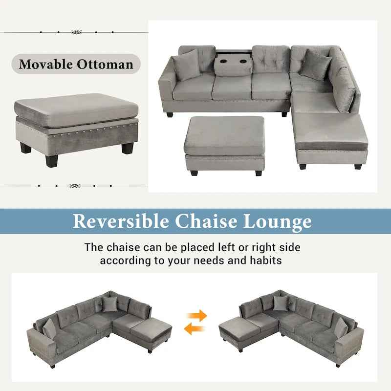 Sofá seccional moderno en L con otomana de almacenamiento, chaise reversible, dos almohadas y portavasos