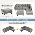 Sofá seccional moderno en L con otomana de almacenamiento, chaise reversible, dos almohadas y portavasos