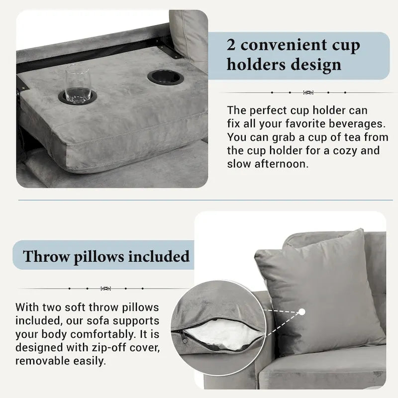 Sofá seccional moderno en L con otomana de almacenamiento, chaise reversible, dos almohadas y portavasos