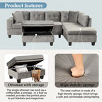 Sofá seccional moderno en L con otomana de almacenamiento, chaise reversible, dos almohadas y portavasos