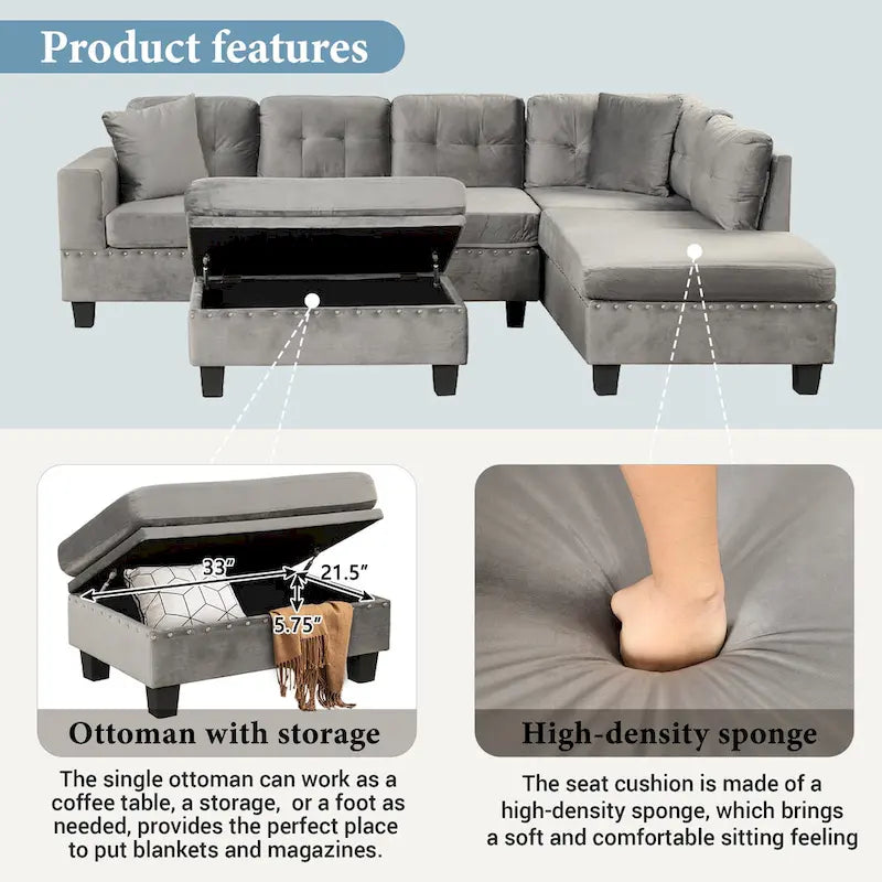 Sofá seccional moderno en L con otomana de almacenamiento, chaise reversible, dos almohadas y portavasos
