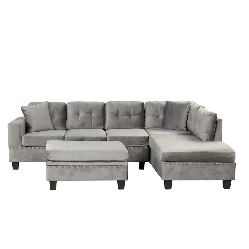 Sofá seccional moderno en L con otomana de almacenamiento, chaise reversible, dos almohadas y portavasos