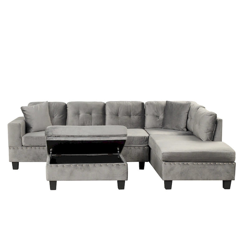 Sofá seccional moderno en L con otomana de almacenamiento, chaise reversible, dos almohadas y portavasos