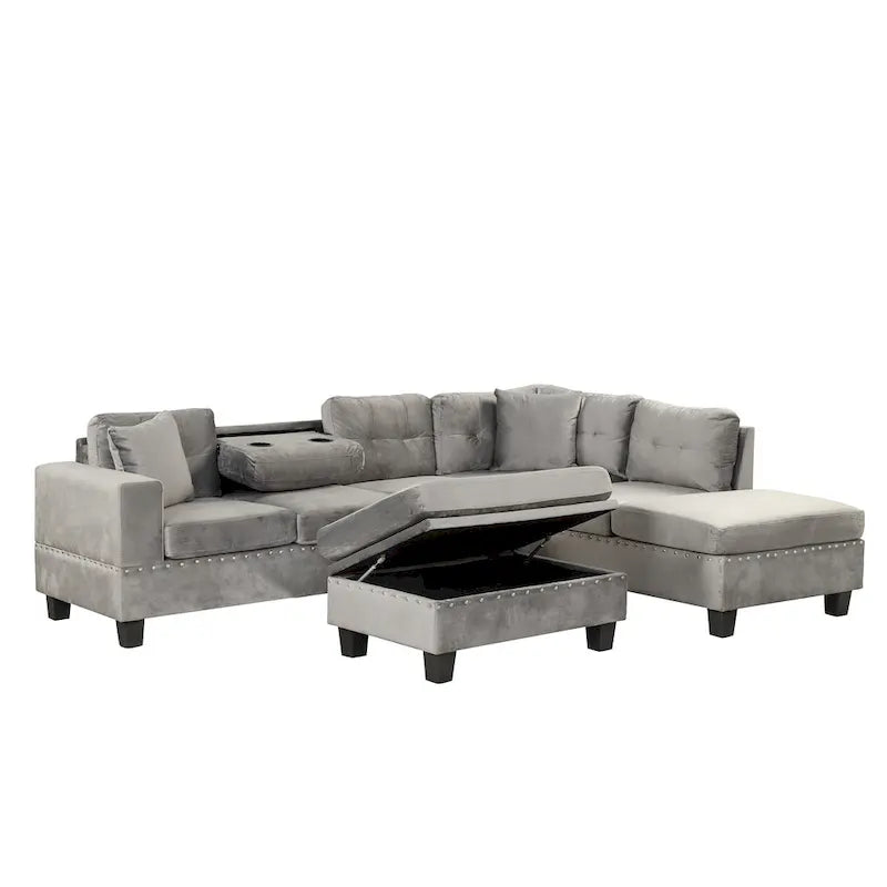Sofá seccional moderno en L con otomana de almacenamiento, chaise reversible, dos almohadas y portavasos