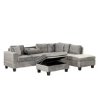 Sofá seccional moderno en L con otomana de almacenamiento, chaise reversible, dos almohadas y portavasos