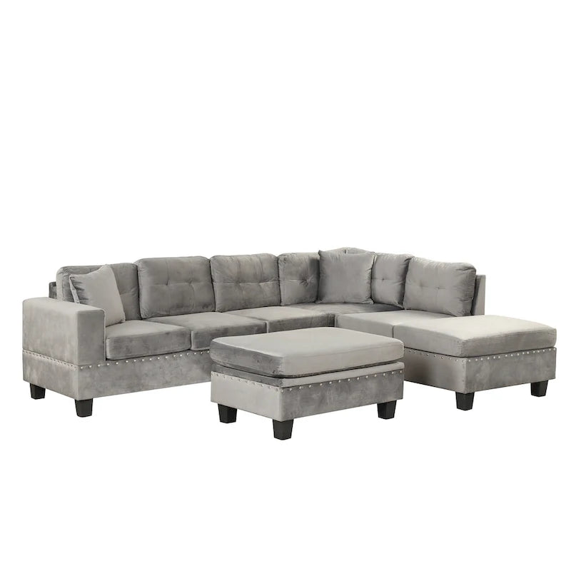 Sofá seccional moderno en L con otomana de almacenamiento, chaise reversible, dos almohadas y portavasos