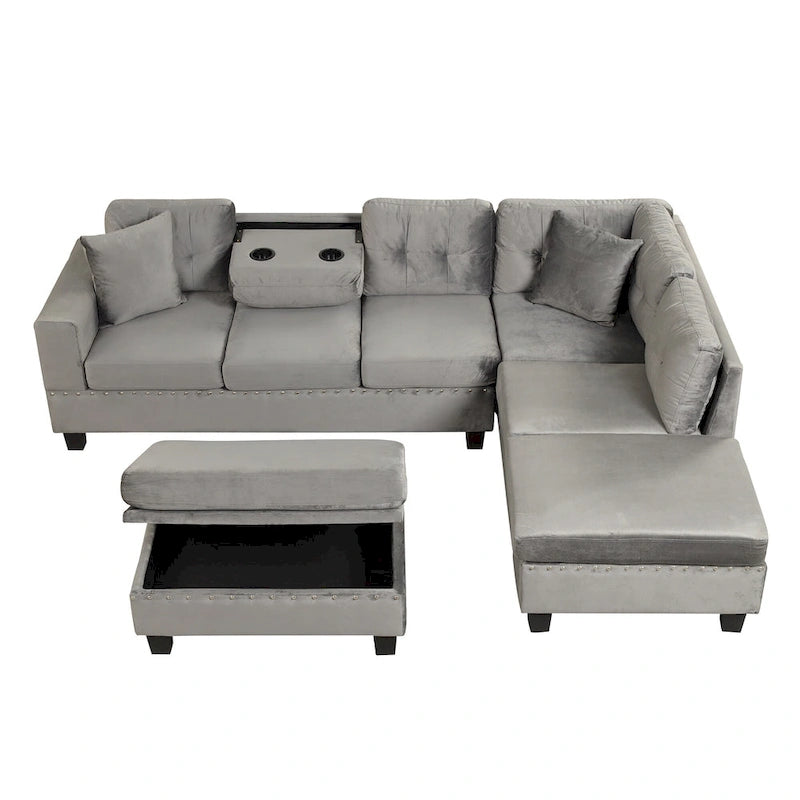 Sofá seccional moderno en L con otomana de almacenamiento, chaise reversible, dos almohadas y portavasos