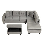 Sofá seccional moderno en L con otomana de almacenamiento, chaise reversible, dos almohadas y portavasos