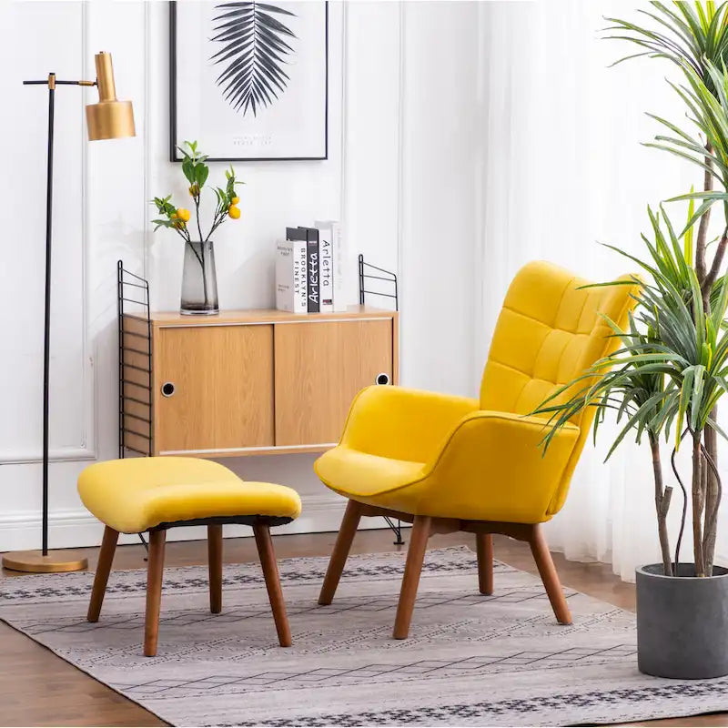 Sillón moderno amarillo de poliéster con botones capitoné y otomana con patas cónicas de madera